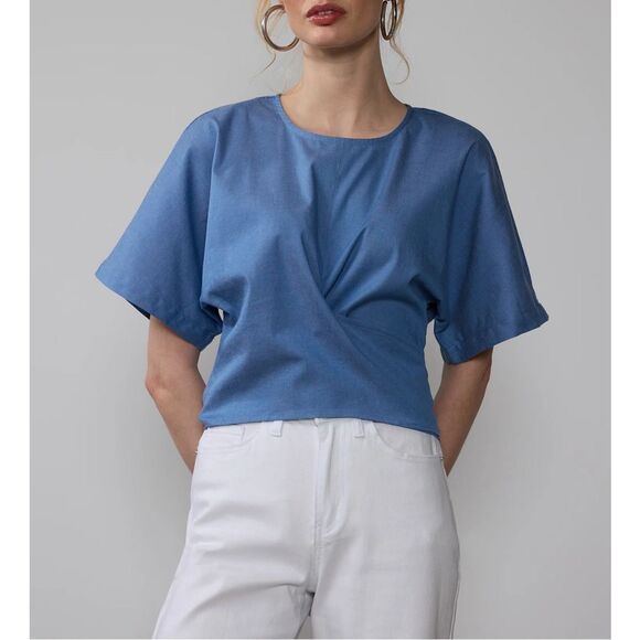 New York & Company NWT Blue Chambray Cross Front Tie Back Blouse Size Medium - Picture 1 of 13